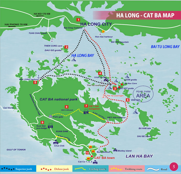 Carte de la baie d'Halong, baie de Bai Tu Long et baie de Lan Ha