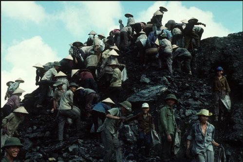 Les gens ramassent des charbons en morceaux - baie d'halong
